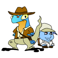 A blue Techo & blue Poogle dressed as Indiana Jones & Short Round, respectively .